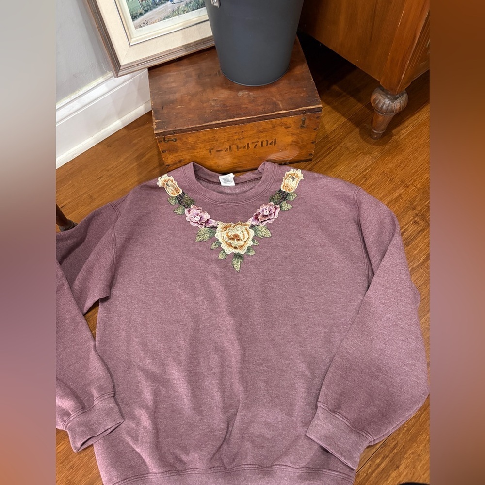 Vintage 80/90s Sweatshirt Floral Appliqué Trim Heathered Mauve SZ: M-L - Picture 6 of 6